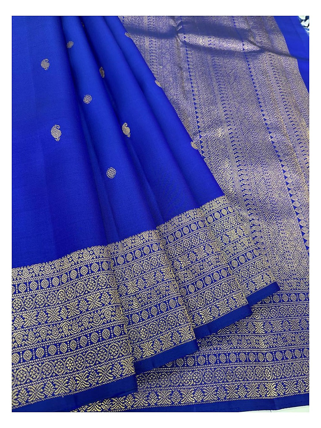 Royal Blue Handwoven Kanchipuram Silk Saree with Zari Buttas and Broad Gold Border
