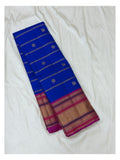 Royal Blue Pure Silk Saree With Peacock Buttas And Magenta Zari Border