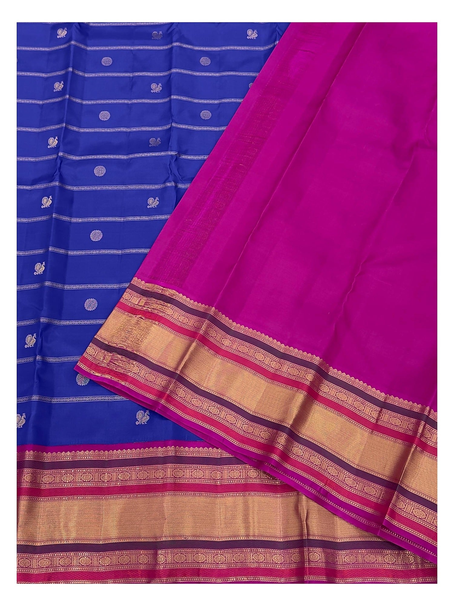 Royal Blue Pure Silk Saree With Peacock Buttas And Magenta Zari Border