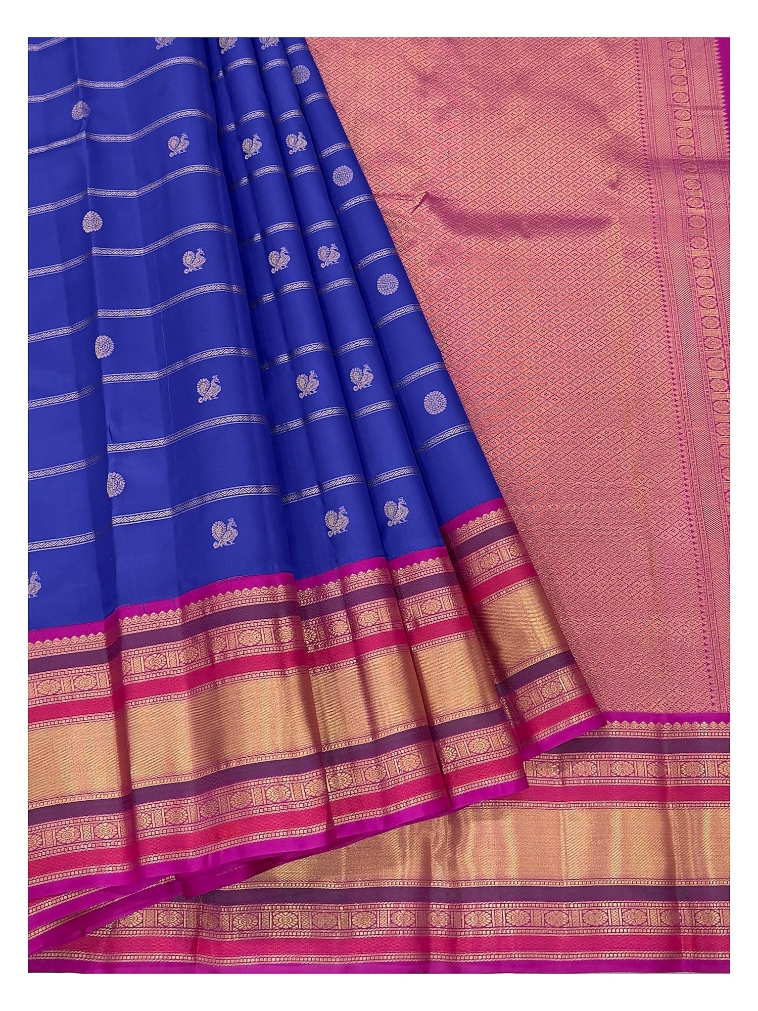 Royal Blue Pure Silk Saree With Peacock Buttas And Magenta Zari Border