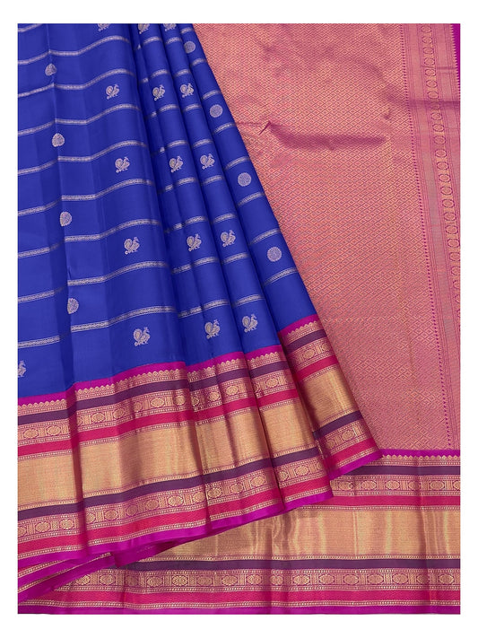 Royal Blue Pure Silk Saree With Peacock Buttas And Magenta Zari Border