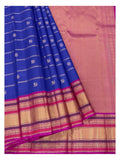 Royal Blue Pure Silk Saree With Peacock Buttas And Magenta Zari Border