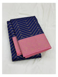 Folded royal blue pure silk saree with pink floral zari border