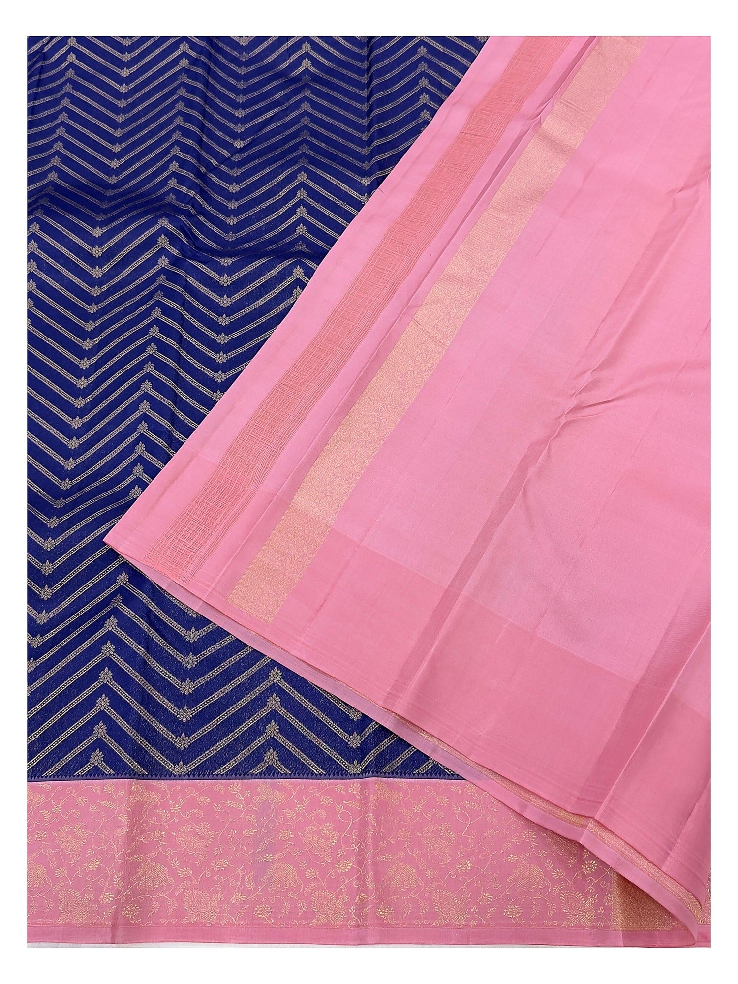Royal blue pure silk saree with pink pallu and plain pink blouse piece