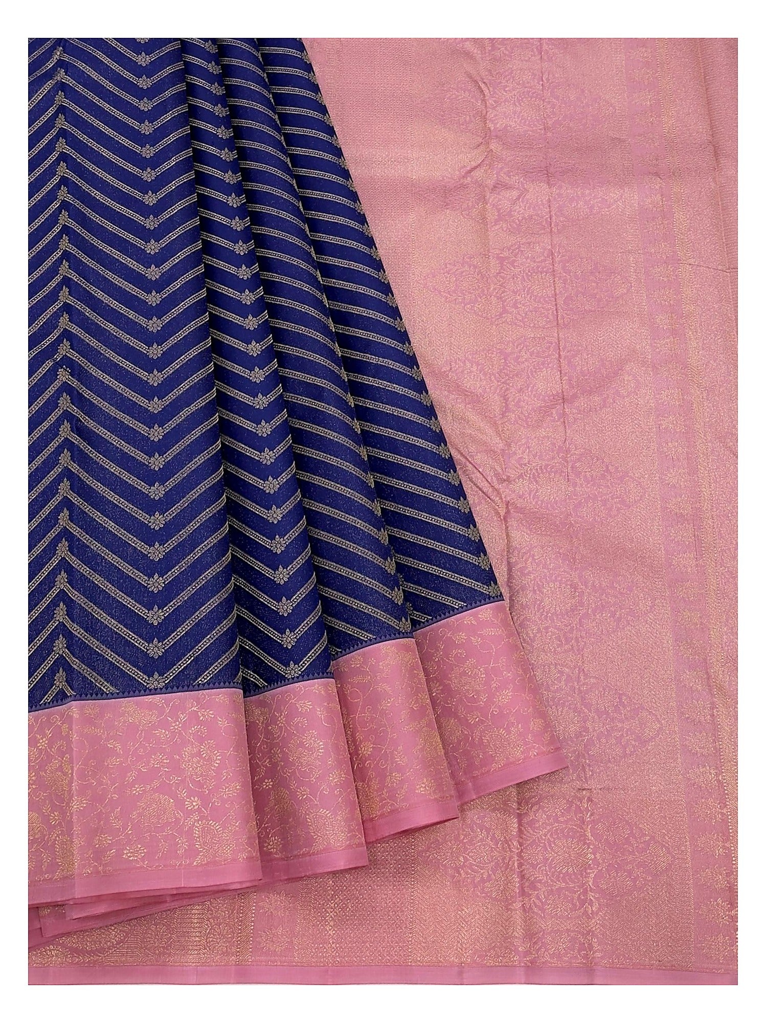 Royal blue saree with pink zari pallu and floral border detail