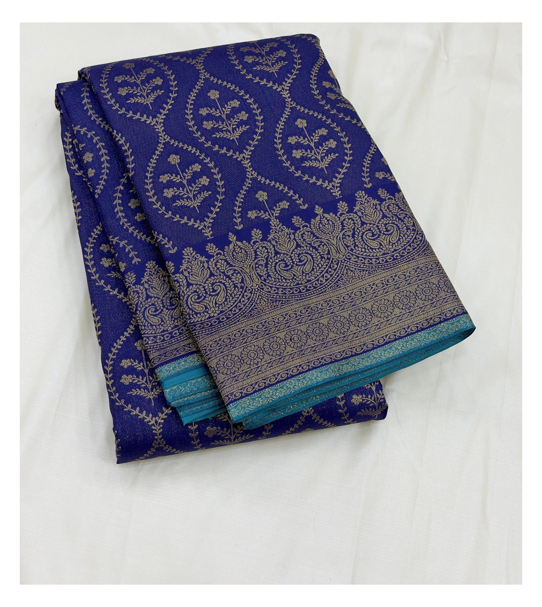 Royal Blue Pure Silk Saree with Teal Pallu and Floral Vine Motifs front view