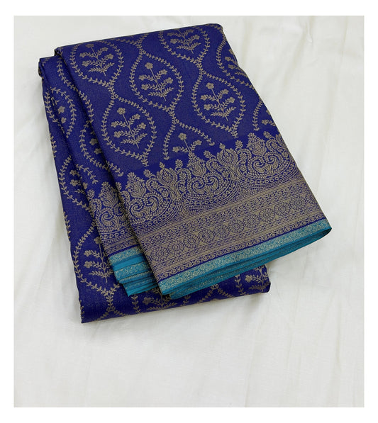 Royal Blue Pure Silk Saree with Teal Pallu and Floral Vine Motifs front view