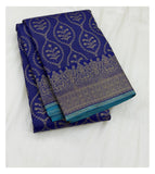 Royal Blue Pure Silk Saree with Teal Pallu and Floral Vine Motifs front view