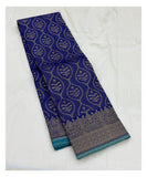 Royal Blue Pure Silk Saree with Teal Pallu and Floral Vine Motifs