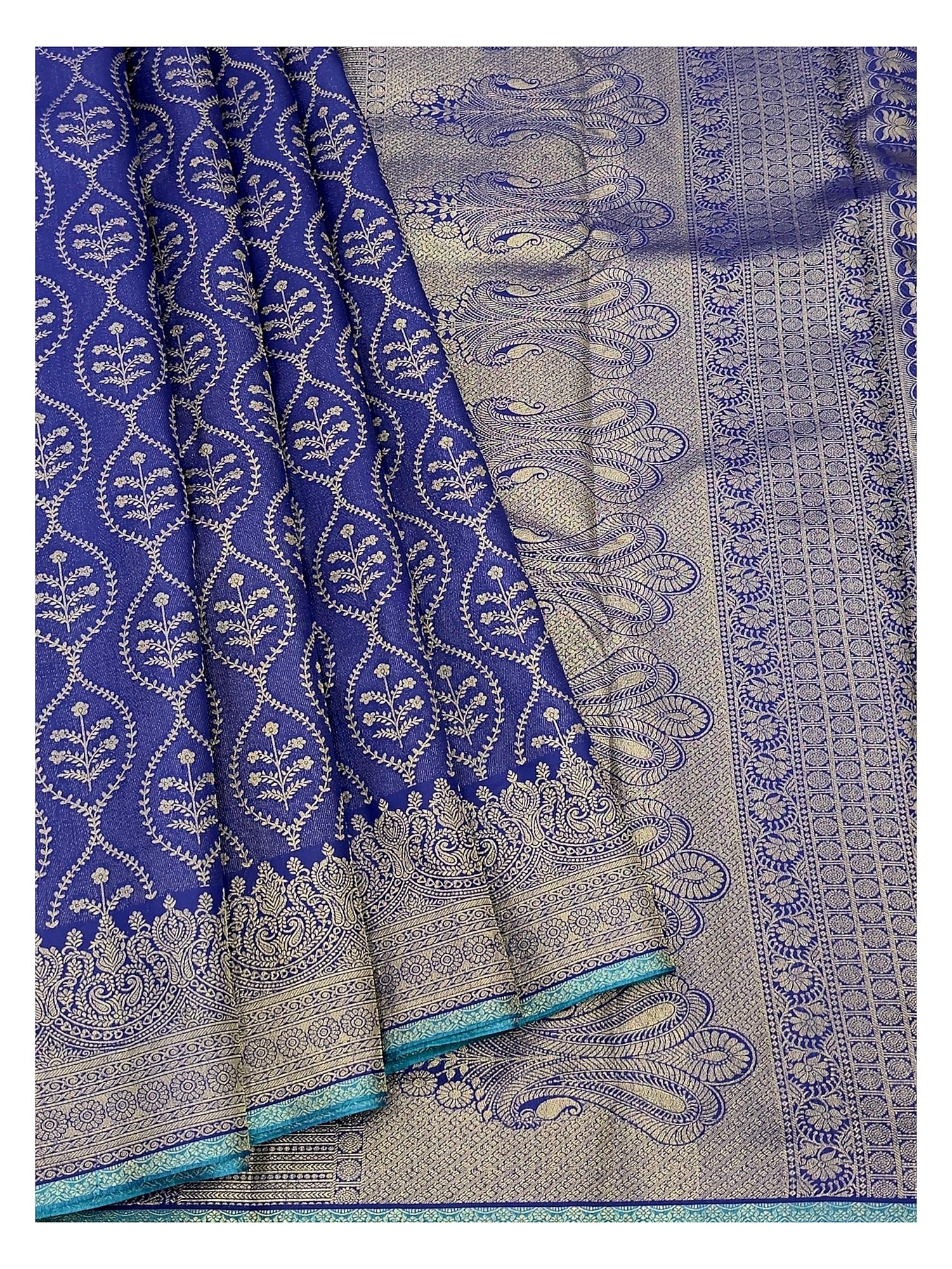 Royal Blue Pure Silk Saree with Teal Pallu and Floral Vine Motifs