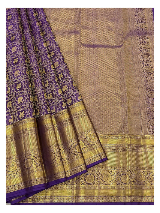 Royal Purple Handwoven Kanchipuram Silk Saree with Gold Woven Border and Animal Motifs