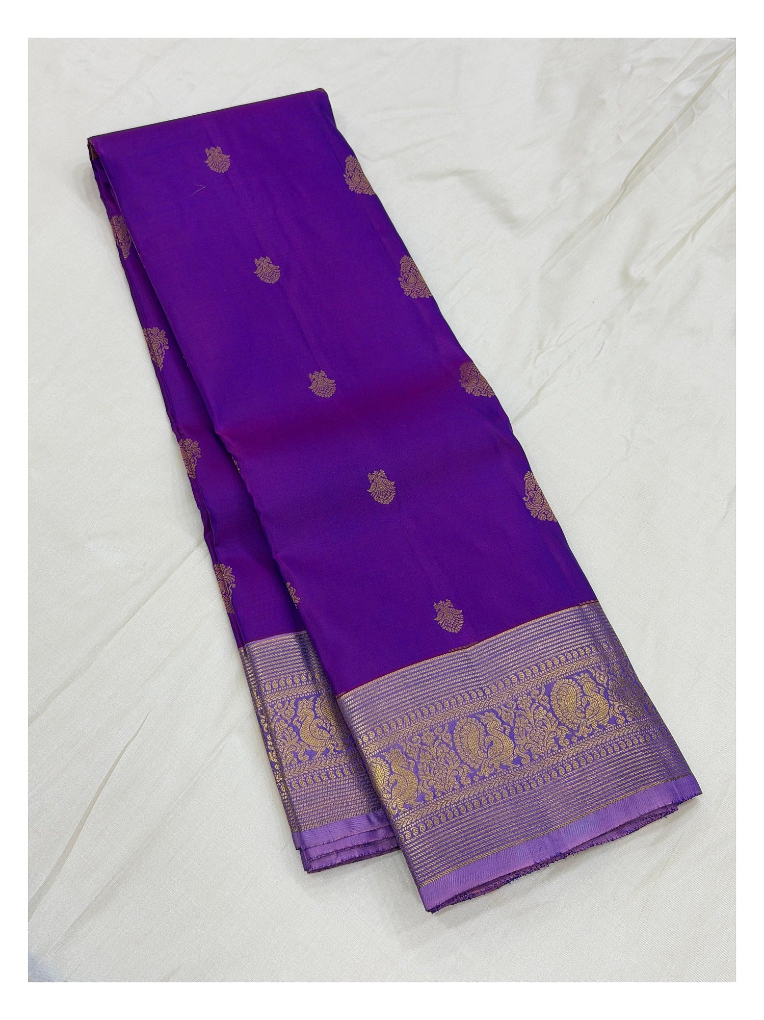 Royal Purple Handwoven Kanchipuram Silk Saree with Peacock Border and Lavender Pallu front view