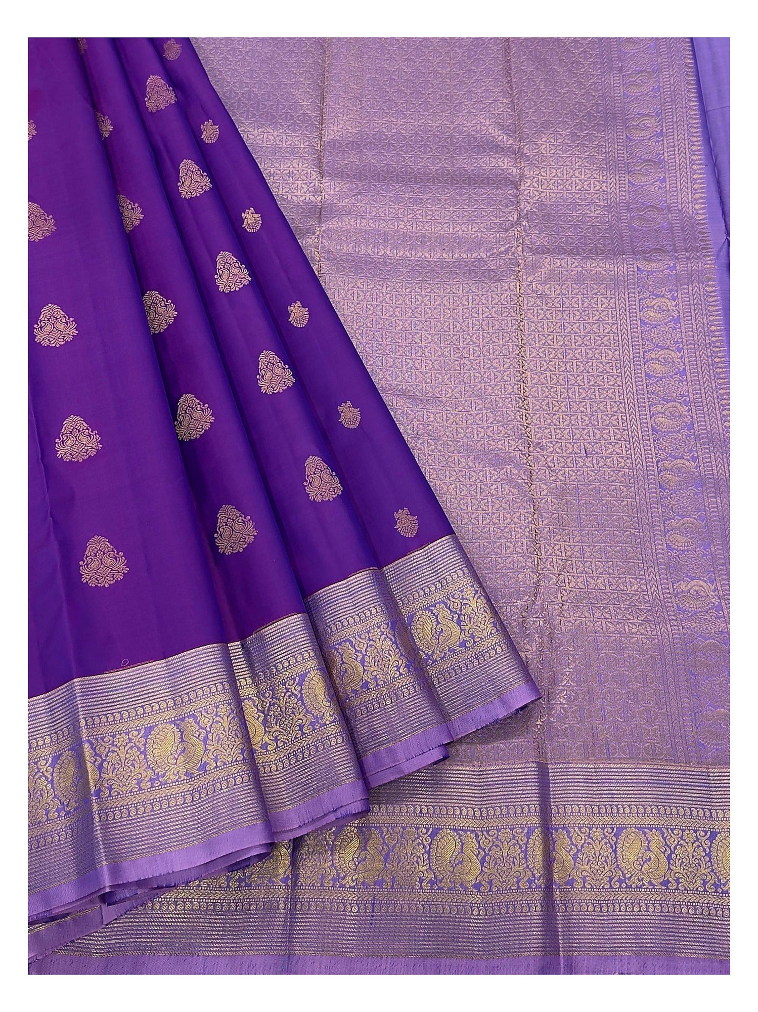 Royal Purple Handwoven Kanchipuram Silk Saree with Peacock Border and Lavender Pallu