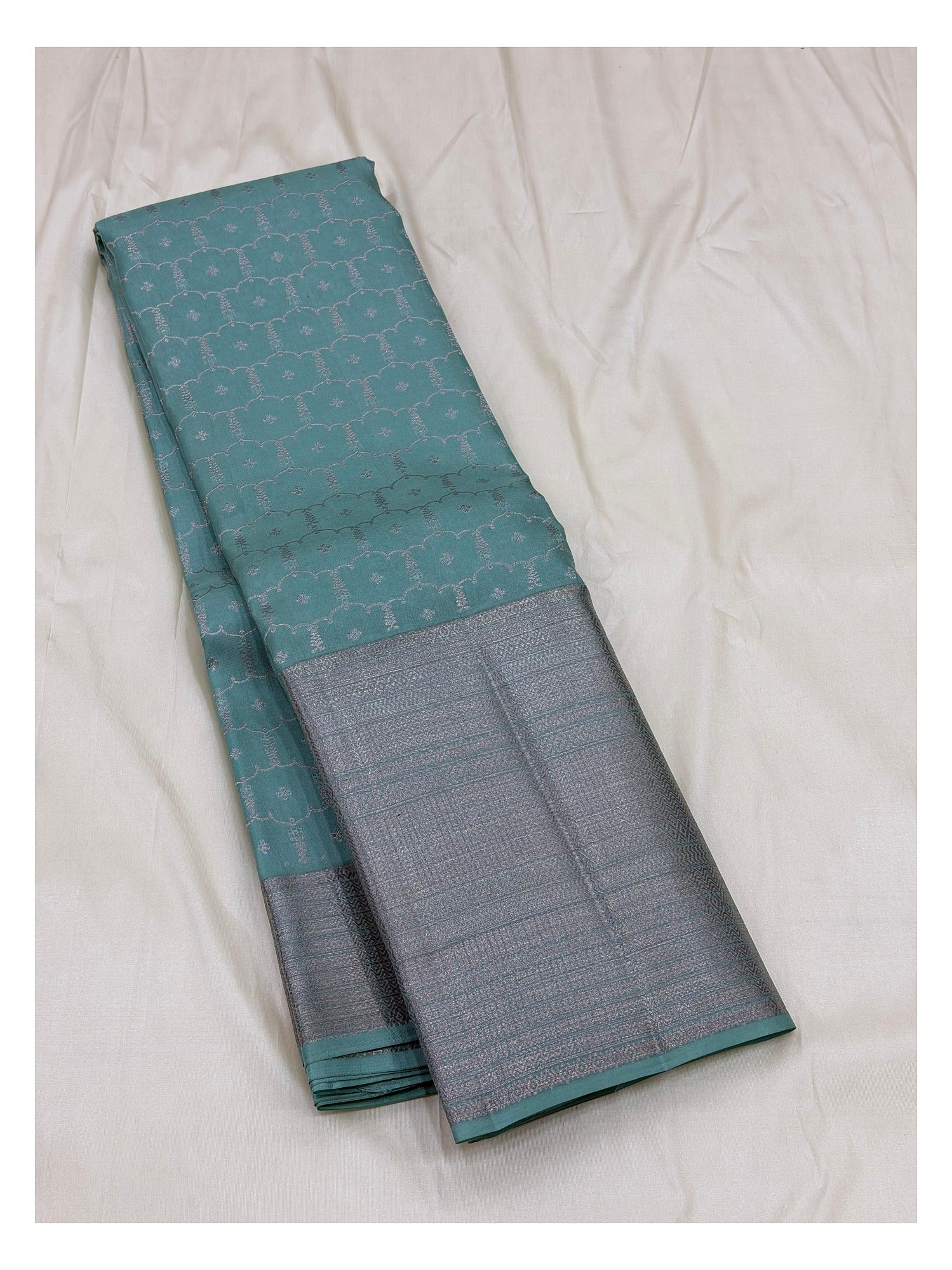 Sea Green Handwoven Kanchipuram Silk Saree with Silver Woven Motifs and Rich Silver Pallu