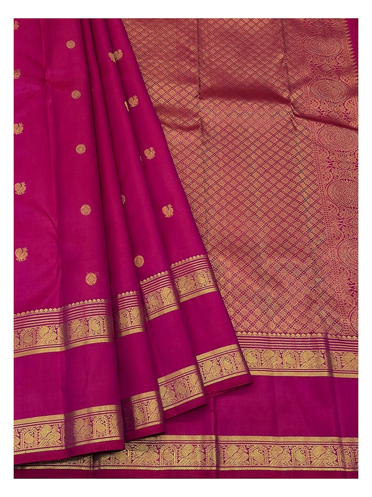 Silk Mark Certified Handwoven Kanchipuram Silk Saree in Deep Pink with Gold-Toned Elephant Border