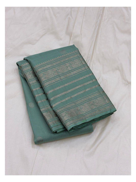 Silk Mark Certified Handwoven Kanchipuram Silk Saree in Seafoam Green with Silver-Toned Woven Border front view