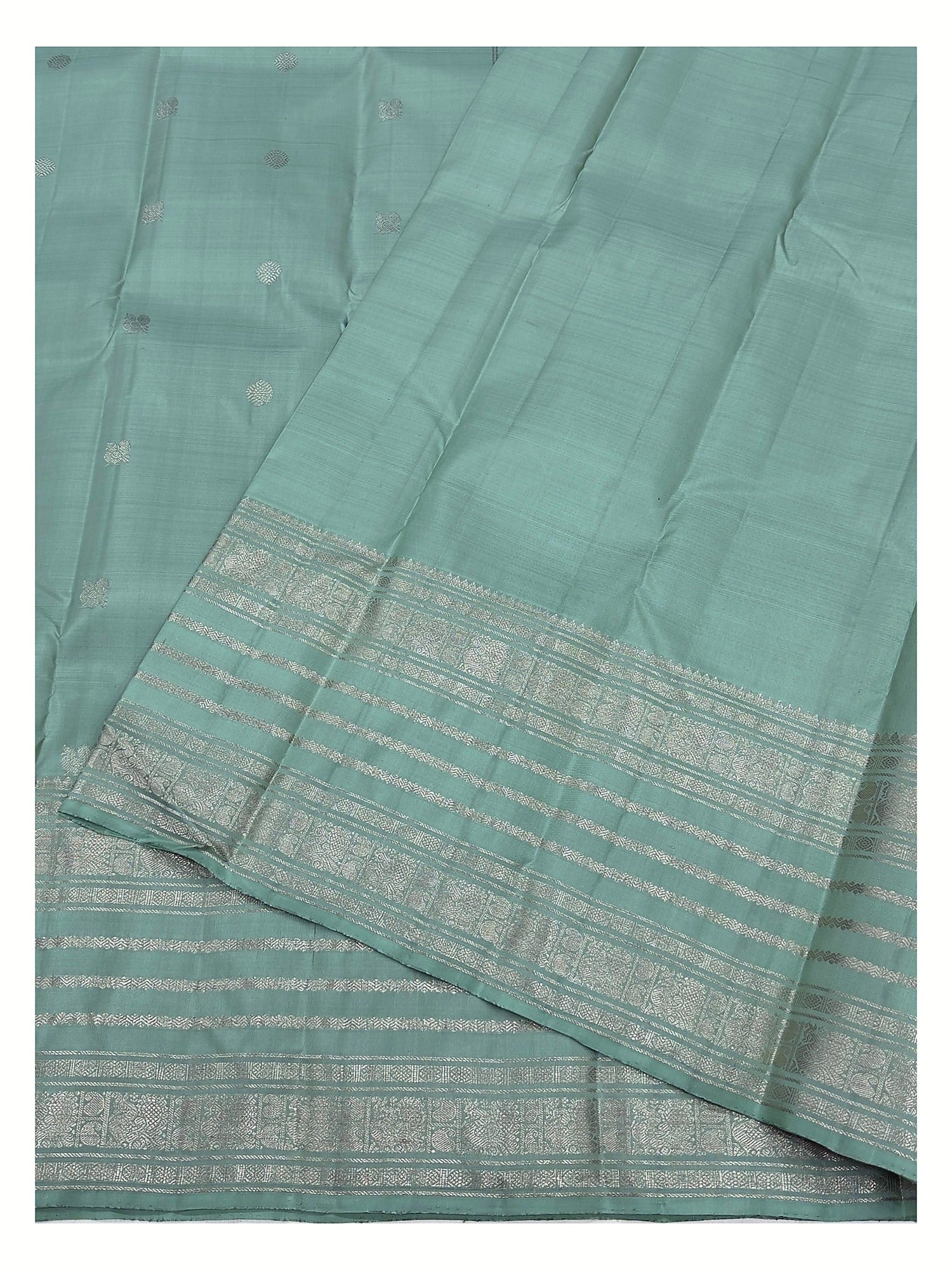 Silk Mark Certified Handwoven Kanchipuram Silk Saree in Seafoam Green with Silver-Toned Woven Border