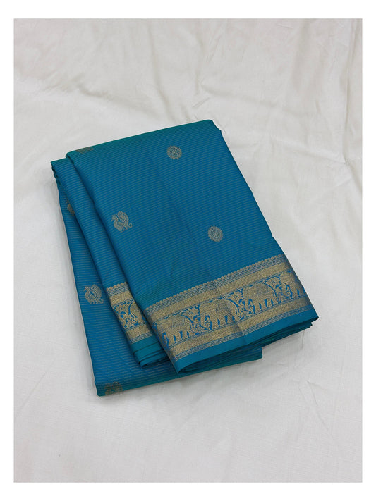 Silk Mark Certified Handwoven Kanchipuram Silk Saree in Turquoise Blue with Elephant Border and Self Pallu front view