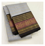 Silver Grey Handwoven Kanchipuram Silk Saree with Deep Brown Pallu and Magenta Zari Border front view