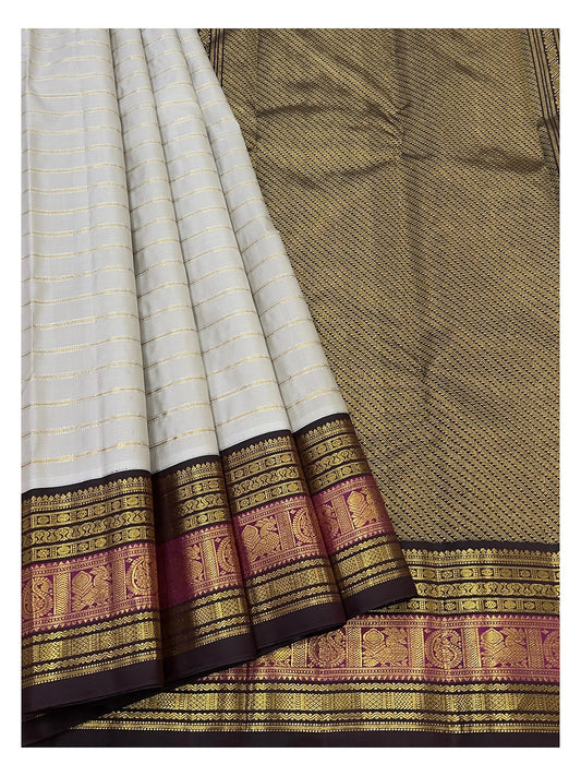 Silver Grey Handwoven Kanchipuram Silk Saree with Deep Brown Pallu and Magenta Zari Border