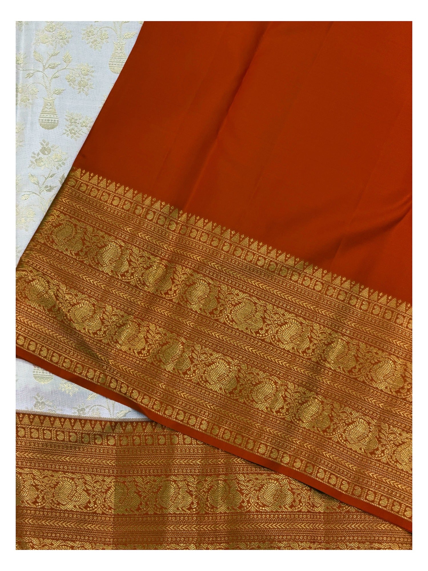 Soft Ivory Handwoven Kanchipuram Silk Saree with Gold Floral Vine Motifs and Broad Orange Gold Zari Border