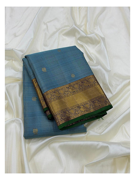 Steel Blue Handwoven Kanchipuram Silk Saree with Purple Pallu and Gold Border front view