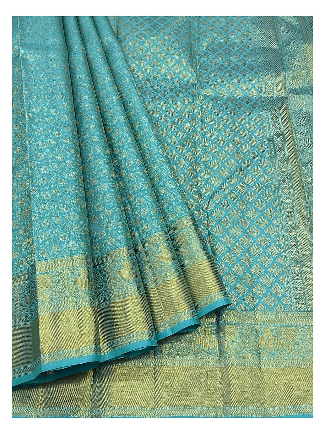 Turquoise Blue Handwoven Kanchipuram Silk Saree with Gold Floral Vine Weave and Peacock Zari Border front view