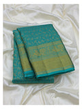 Turquoise Blue Handwoven Kanchipuram Silk Saree with Gold Floral Vine Weave and Peacock Zari Border