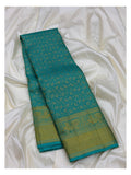 Turquoise Blue Handwoven Kanchipuram Silk Saree with Gold Floral Vine Weave and Peacock Zari Border