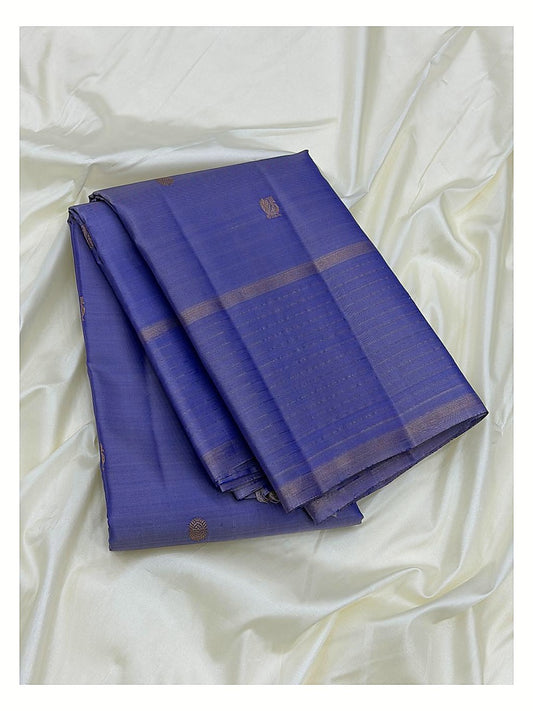 Violet Blue Handwoven Kanchipuram Silk Saree with Gold Motifs front view
