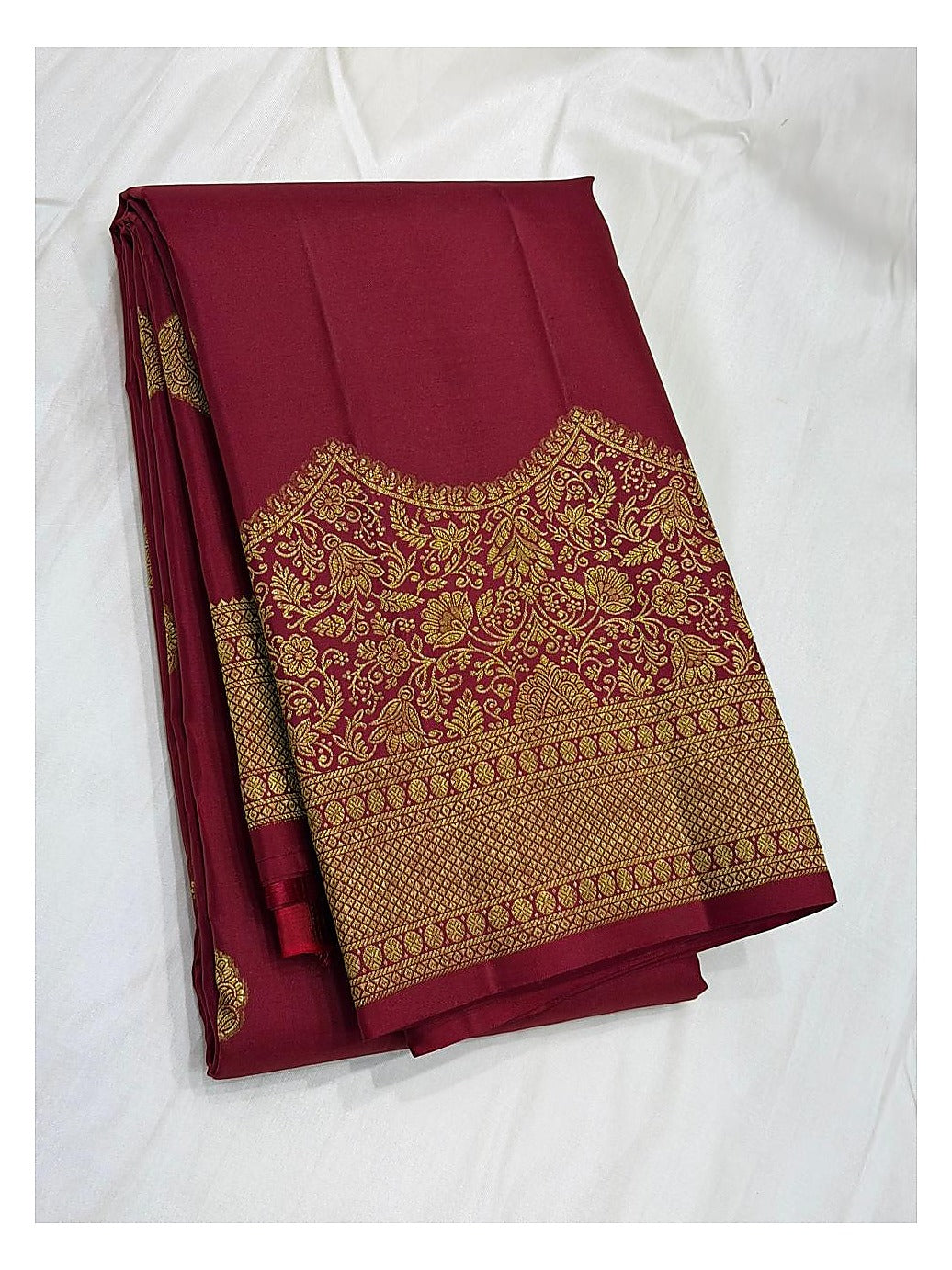 Wine Handwoven Kanchipuram Silk Saree with Gold-Toned Buttas and Floral Pallu front view