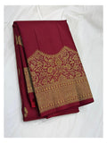 Wine Handwoven Kanchipuram Silk Saree with Gold-Toned Buttas and Floral Pallu front view