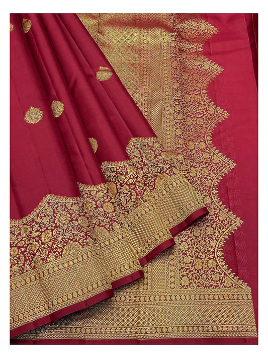 Wine Handwoven Kanchipuram Silk Saree with Gold-Toned Buttas and Floral Pallu