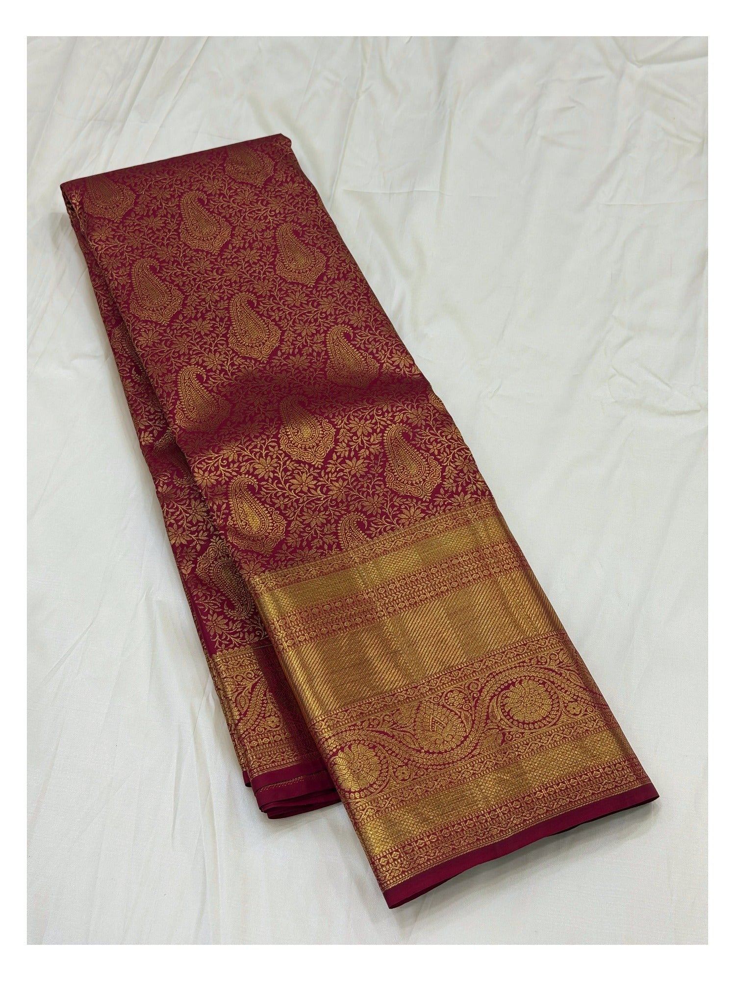 Wine Handwoven Kanchipuram Silk Saree with Rich Gold Woven Border and Paisley Motifs front view