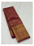 Wine Handwoven Kanchipuram Silk Saree with Rich Gold Woven Border and Paisley Motifs front view