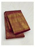 Folded wine handwoven Kanchipuram silk saree with rich gold woven border and motifs