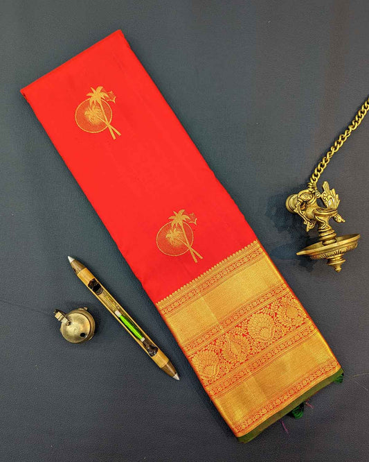 Beach-themed Bright Red Traditional Saree with Floral Zari Border