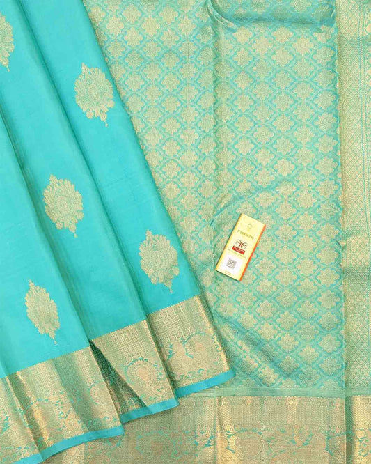 Traditional Kancheepuram silk saree with blue paisley motif