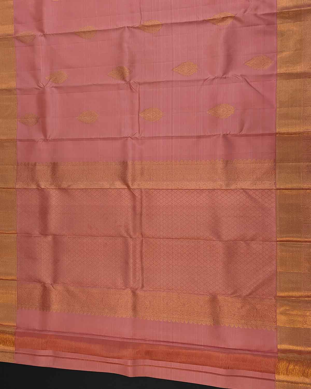 Traditional Pink Bridal Kancheepuram Silk Saree featuring Leaf buttas and Chakra Border