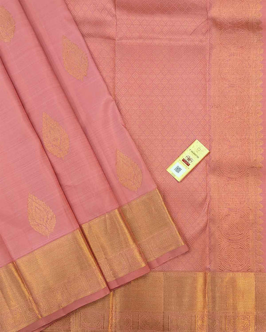 Traditional Pink Bridal Kancheepuram Silk Saree featuring Leaf buttas and Chakra Border