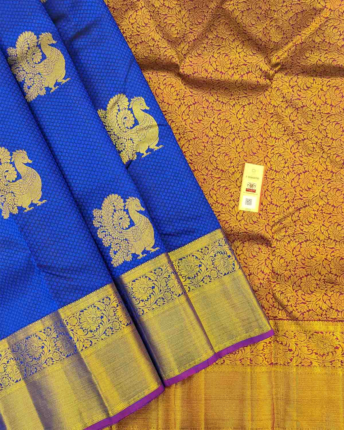 Sapphire Blue Saree with Annam Motifs and Decorated Pallu