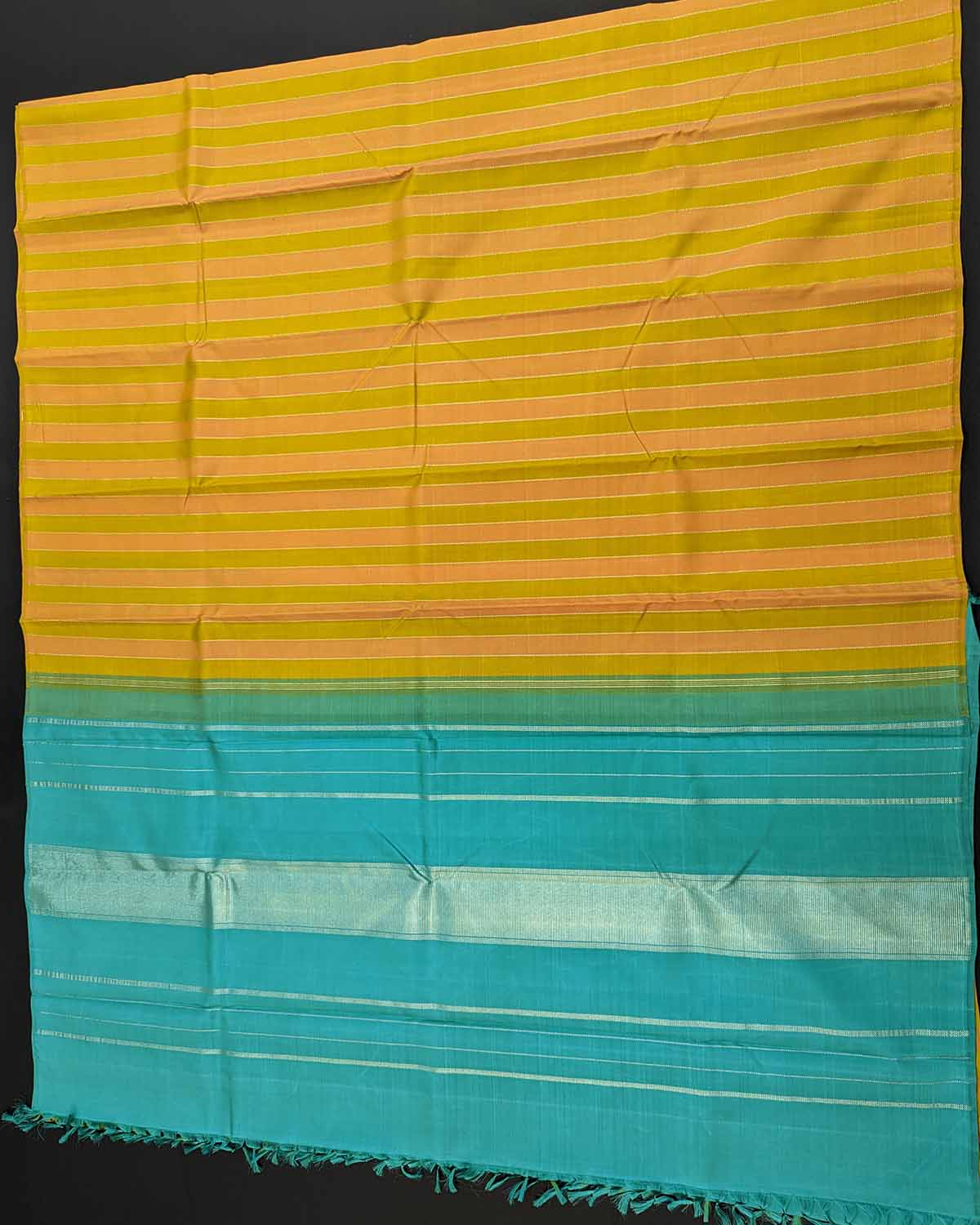 Lemony Traditional Saree with Striped Body and Sea Blue Pallu