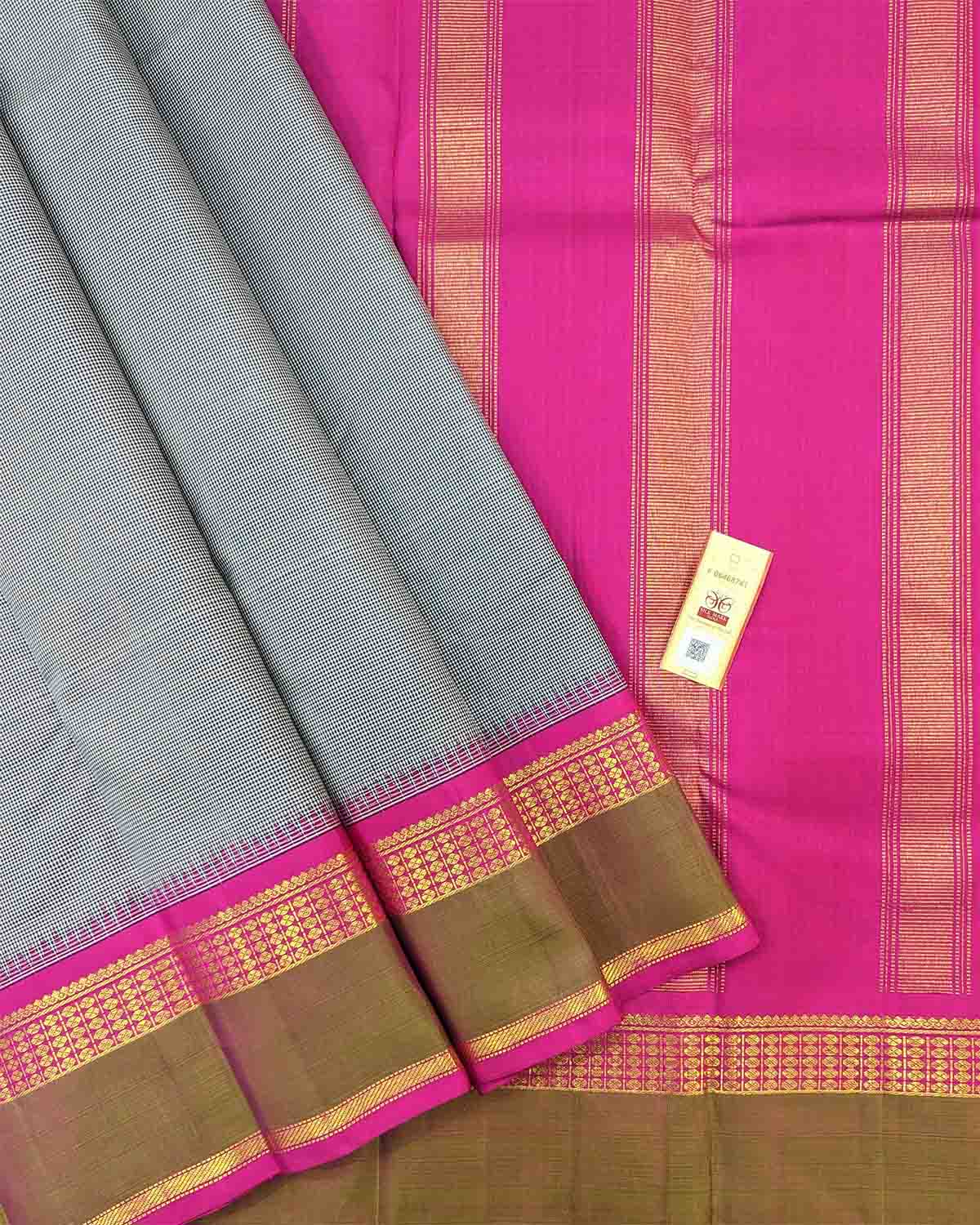 Luxurious Royal Grey Kancheepuram Silk Saree featuring a delicate gold border