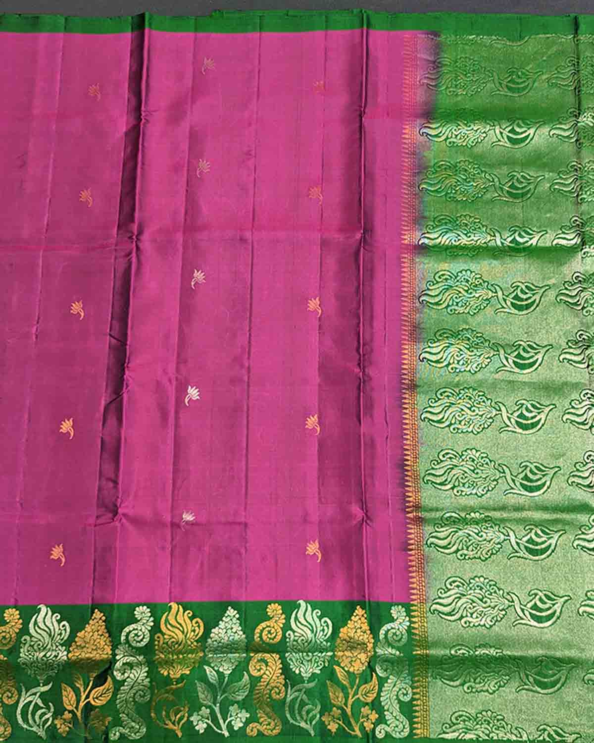 Purple Kanchipuram Soft Silk Saree with Green Border and Leafy Design