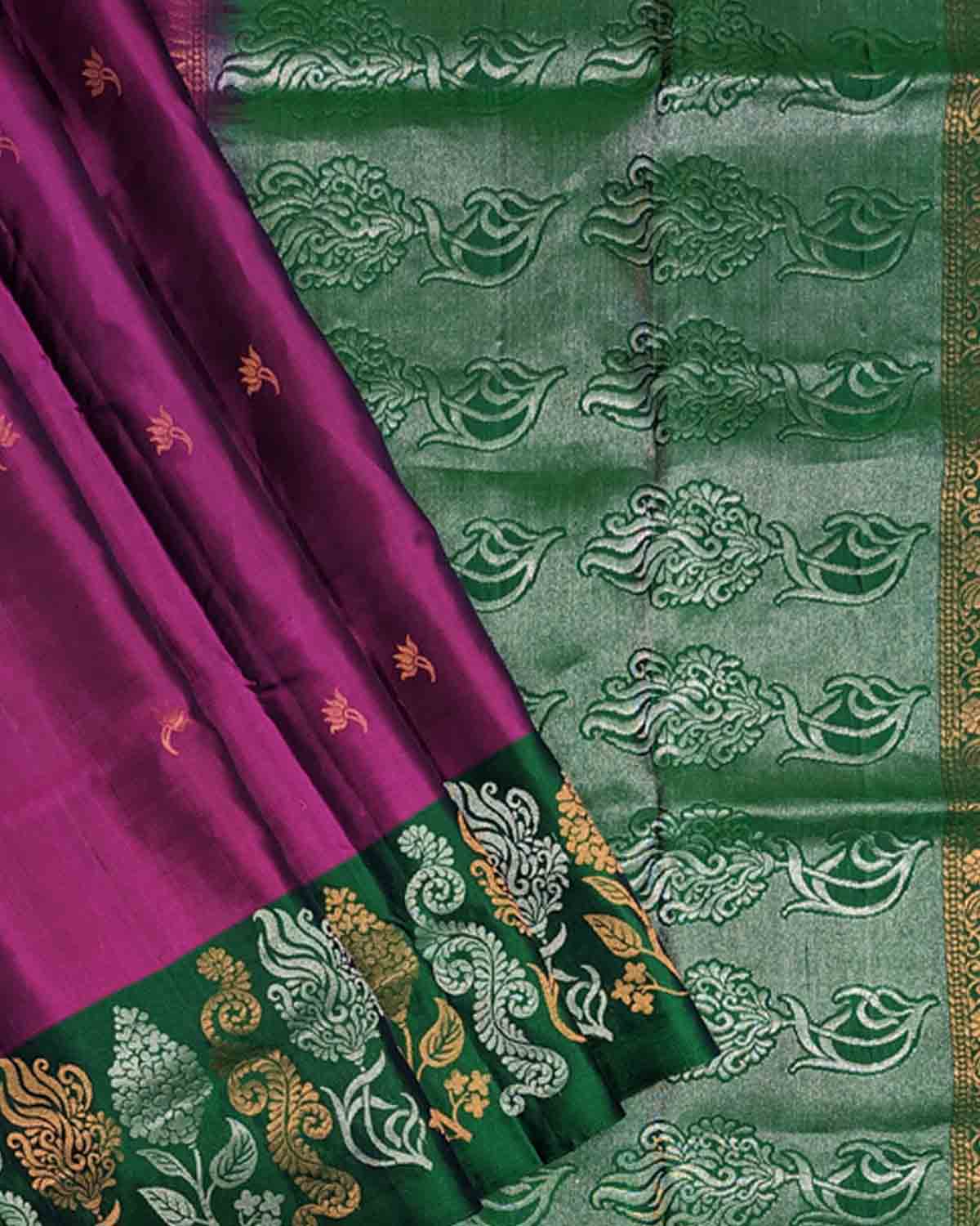 Purple Kanchipuram Soft Silk Saree with Green Border and Leafy Design