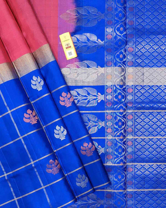 Blue checked Kanchipuram soft silk saree with border