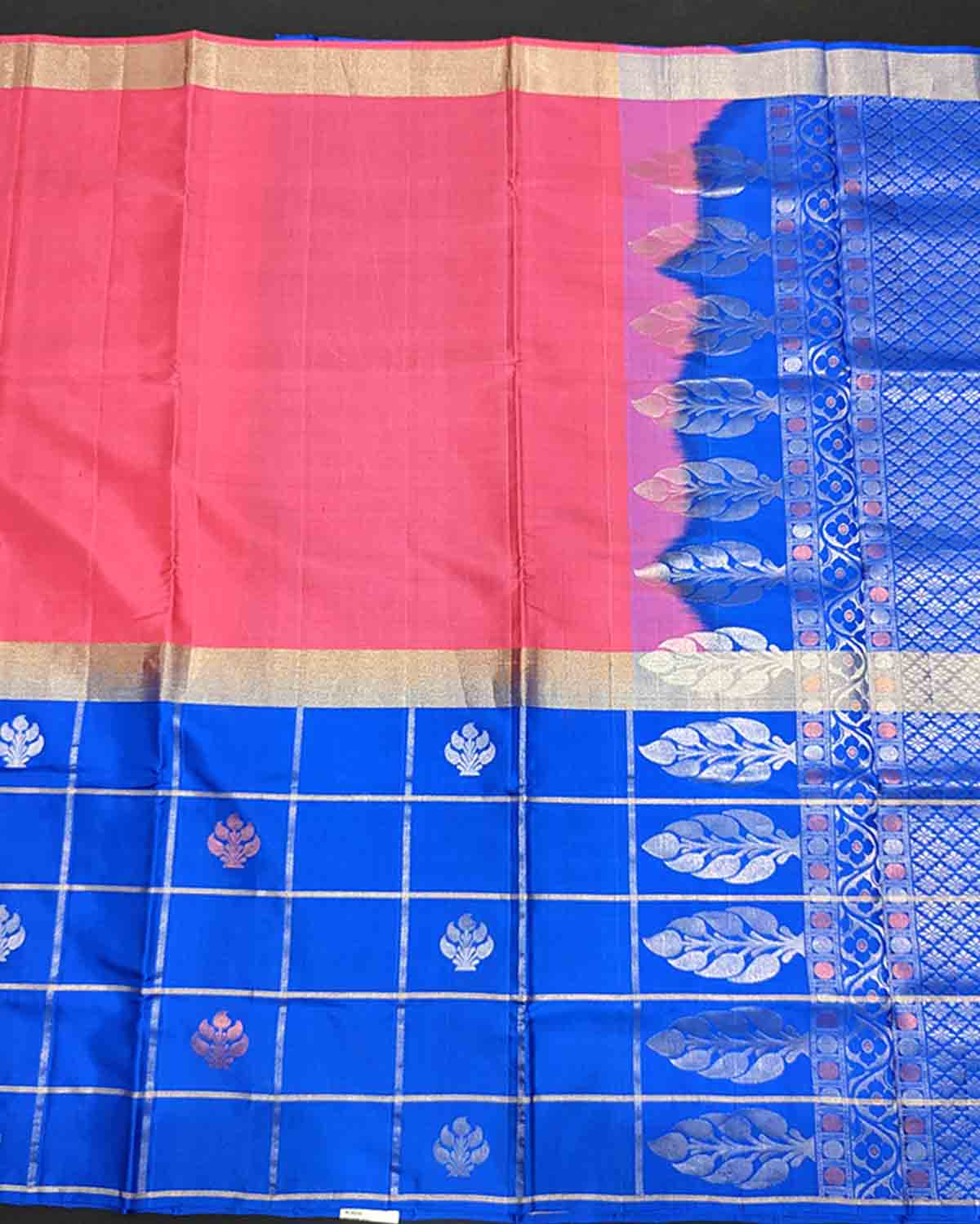 Blue checked Kanchipuram soft silk saree with border