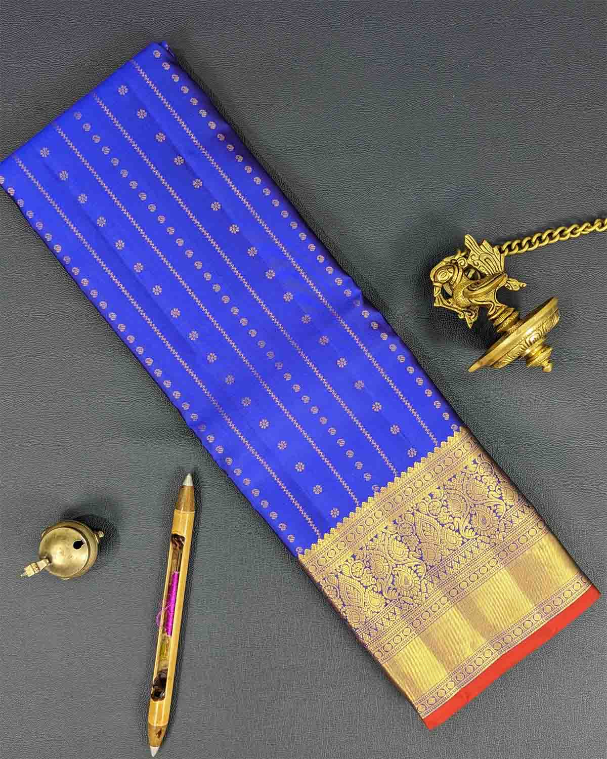 Bold Blue Kamalam Zari Buttas and Contrast Decorated Pallu