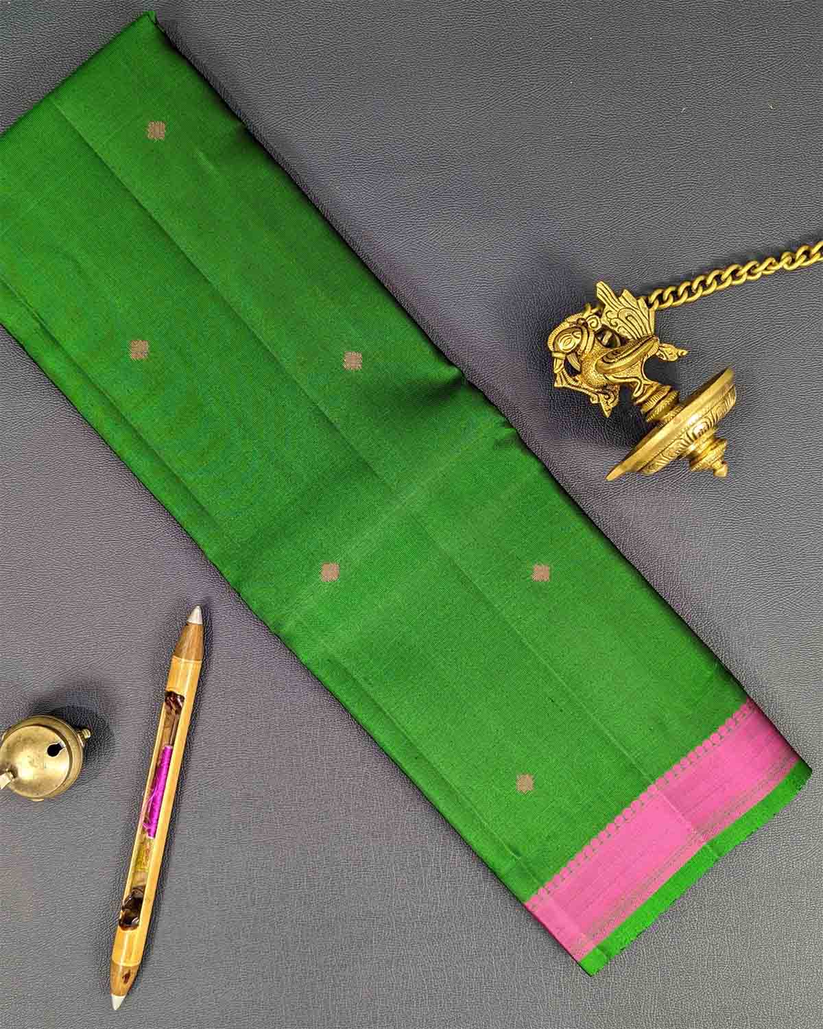 Bottle Green Kamalam Zari Buttas Silk Saree with Diamond Pallu