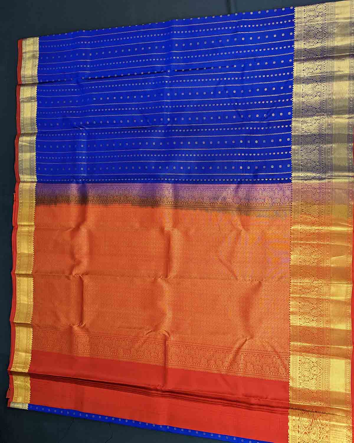 Bold Blue Kamalam Zari Buttas and Contrast Decorated Pallu